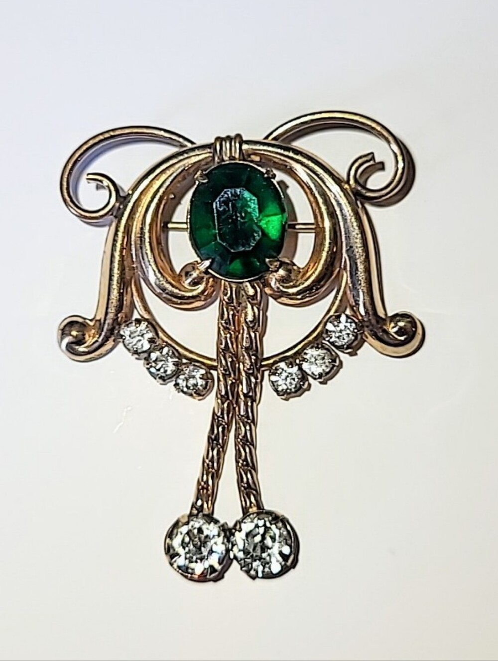 De Curtis Gold-filled Retro Brooch with Green & Clear Stones